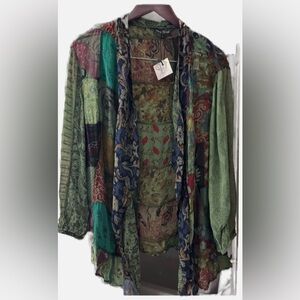 Patchwork Kantha olive green, blue, red flowy lightweight boho cardigan